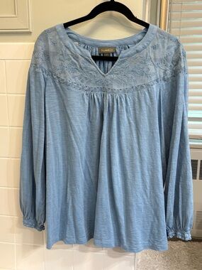 Style & co. 3X Blue Cotton blend lace detail peasant Top NWOT